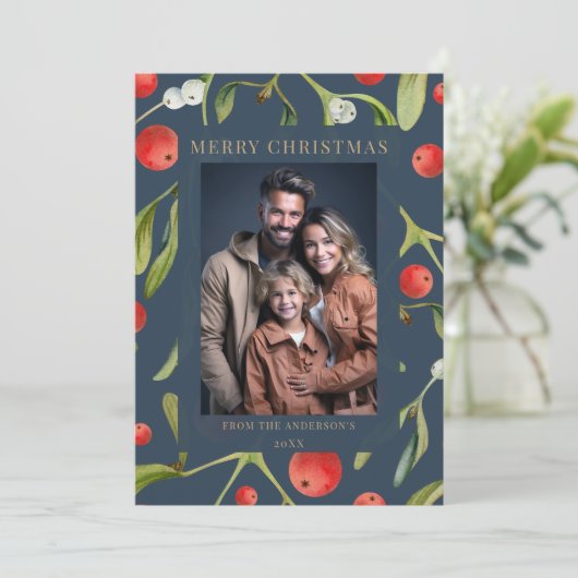 Elegante Navy Blue Mistletoe Holiday Photo Card Kaart (Staand voorkant)