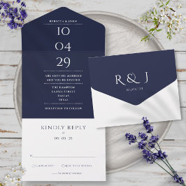 Elegante Navy Blue Monogram Minimalistische Trouwd All In One Uitnodiging