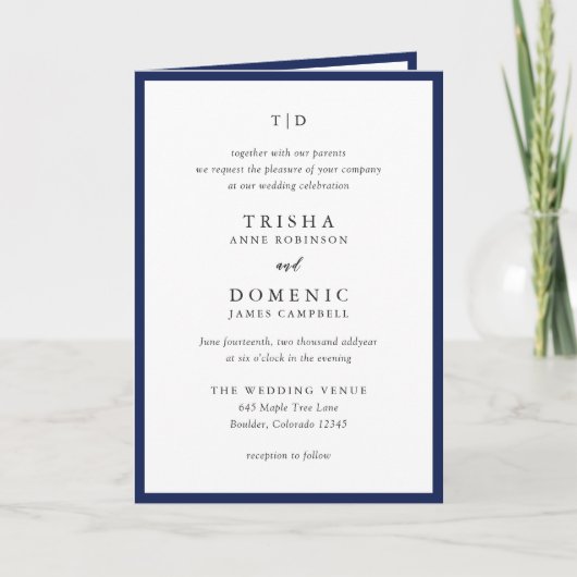 Elegante Navy Blue Monogram Moderne bruiloft (Voorkant)