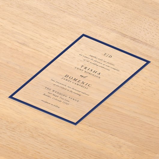 Elegante Navy Blue Monogram Moderne bruiloft Acryl Uitnodigingen (Laagn)