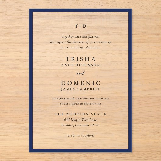 Elegante Navy Blue Monogram Moderne bruiloft Acryl Uitnodigingen (Voorkant)