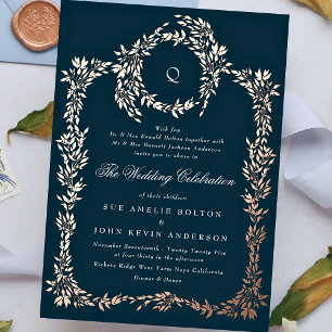 Elegante Navy Blue monogram Rose Gold Crest Trouwd Folie Uitnodiging
