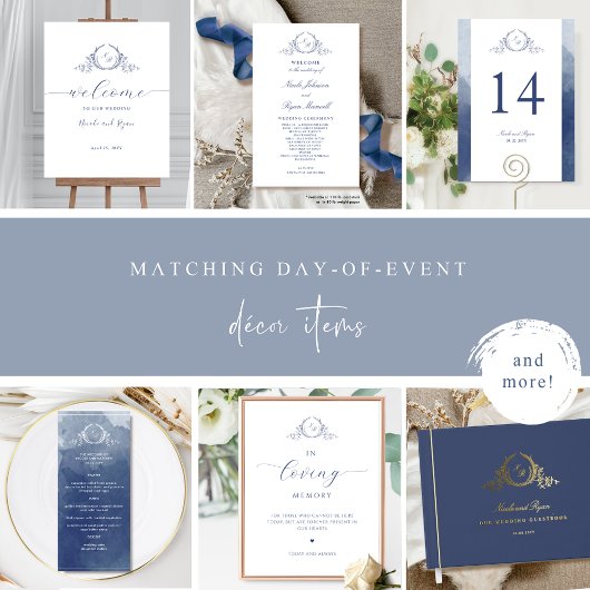 Elegante Navy Blue Monogram Waterverf bruiloft Menu