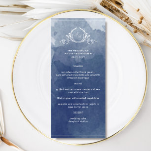 Elegante Navy Blue Monogram Waterverf bruiloft Menu