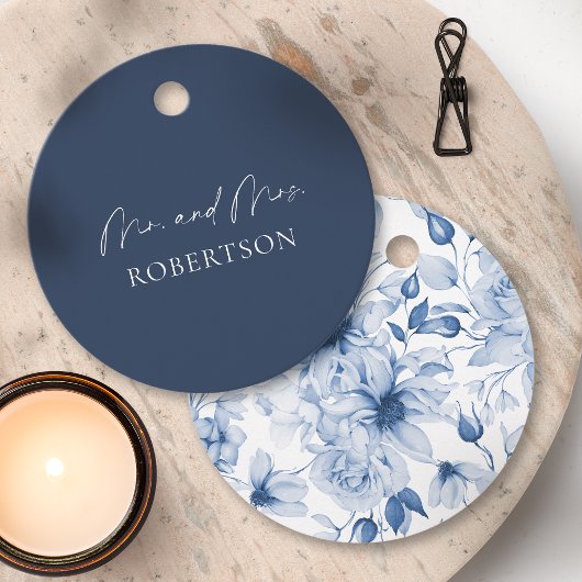 Elegante Navy Blue Mr. & Mrs.-label Bedankjes Labels