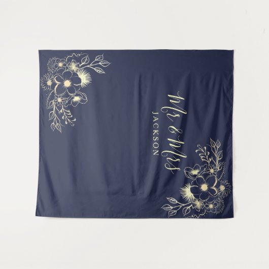 Elegante Navy Blue Mr & Mrs Wedding Achtergrond Wandkleed (Voorkant (horizontaal))