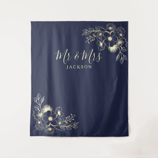 Elegante Navy Blue Mr & Mrs Wedding Achtergrond Wandkleed (Voorkant)