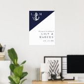 Elegante Navy Blue Nautical Wedding Welkomstbord Poster (Thuiskantoor)