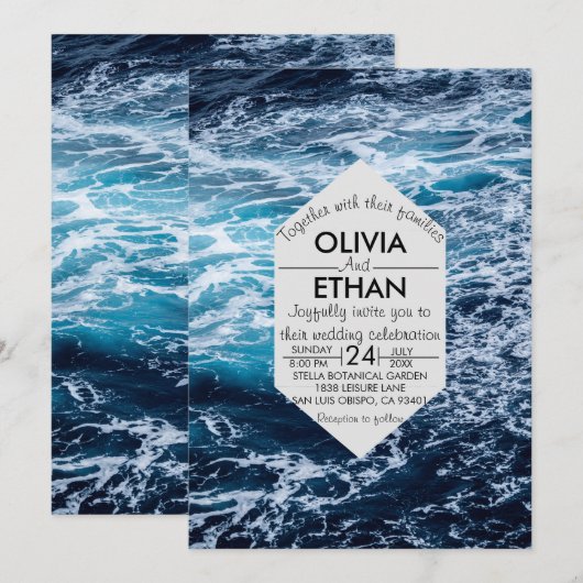 Elegante Navy Blue Ocean Waves Beach Wedding Kaart (Voorkant / Achterkant)