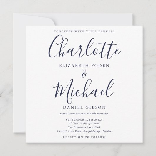 Elegante Navy Blue Onderschrift Trouw Kaart (Voorkant)
