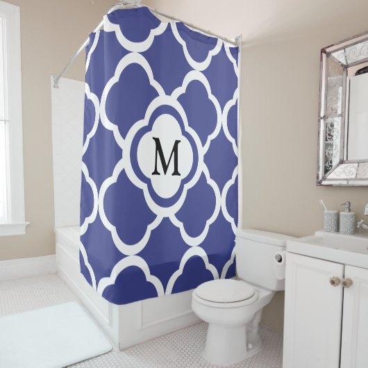 Elegante Navy Blue Pattern Monogram Douchegordijn (In situ)