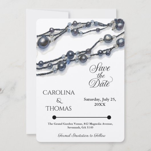Elegante Navy Blue Pearl Waterverf Modern Wedding Save The Date (Voorkant)