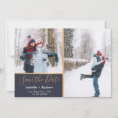 Elegante Navy Blue Photo Collage Gold Save the Dat Magnetische Uitnodiging (Voorkant)