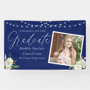 Elegante Navy Blue Photo Floral Afstuderen Spandoek