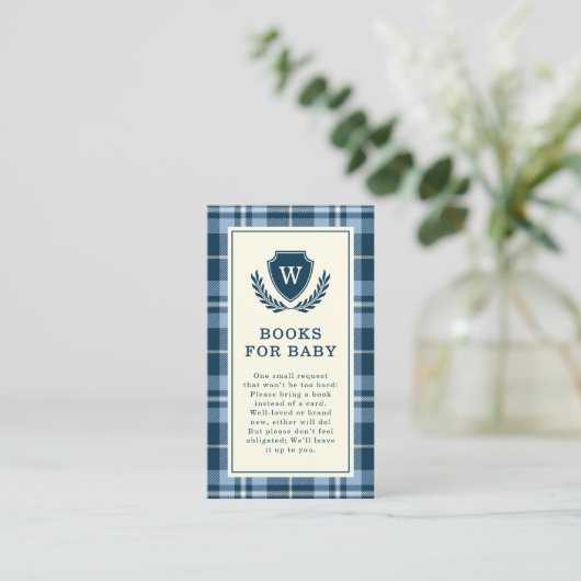 Elegante Navy Blue Plaid Monogram Boeken voor Baby Informatiekaartje (Staand voorkant)