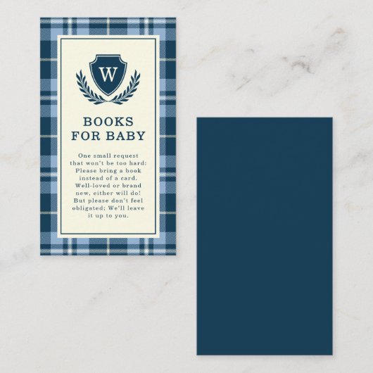 Elegante Navy Blue Plaid Monogram Boeken voor Baby Informatiekaartje (Voorkant / Achterkant)