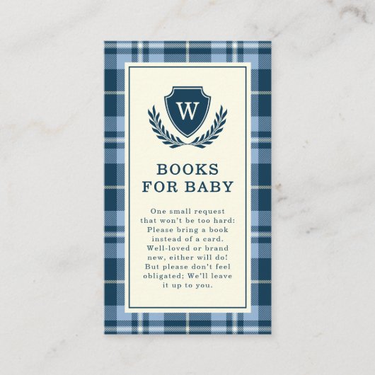 Elegante Navy Blue Plaid Monogram Boeken voor Baby Informatiekaartje (Voorkant)