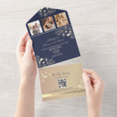 Elegante Navy Blue QR Code Wedding All In One Uitnodiging (Afscheurbaar)