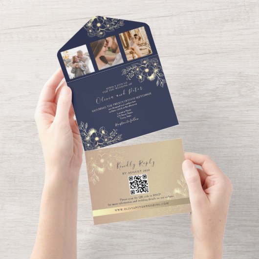 Elegante Navy Blue QR Code Wedding All In One Uitnodiging (Afscheurbaar)