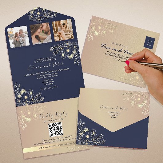 Elegante Navy Blue QR Code Wedding All In One Uitnodiging