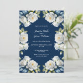 Elegante Navy Blue Roos Bloemen Border Wedding Kaart (Staand voorkant)