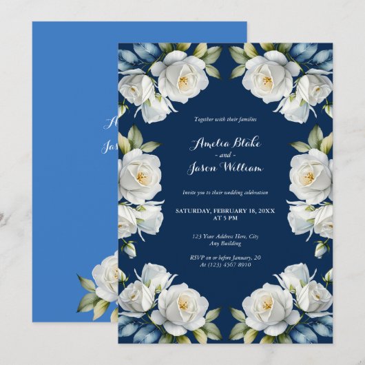 Elegante Navy Blue Roos Bloemen Border Wedding Kaart (Voorkant / Achterkant)