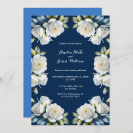 Elegante Navy Blue Roos Bloemen Border Wedding Kaart