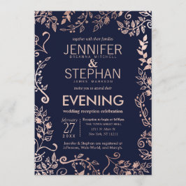 Elegante Navy Blue Roos Gold Bloemenontvangst Kaart