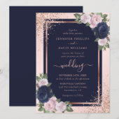 Elegante Navy Blue Roos Gold Blush Floral Wedding Kaart (Voorkant / Achterkant)