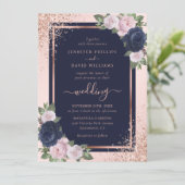 Elegante Navy Blue Roos Gold Blush Floral Wedding Kaart (Staand voorkant)