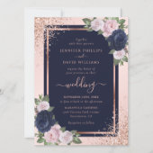 Elegante Navy Blue Roos Gold Blush Floral Wedding Kaart (Voorkant)