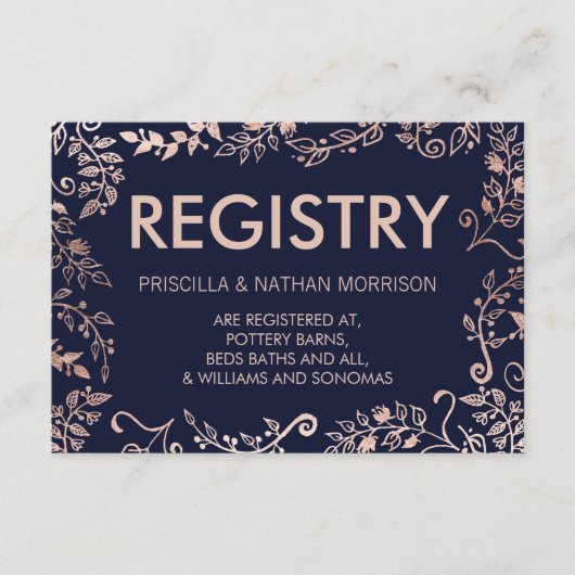Elegante Navy Blue Roos Gold Floral Gift Registry Informatiekaartje (Voorkant)