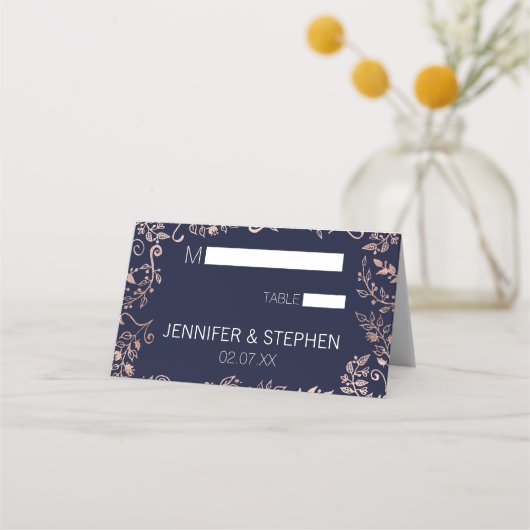 Elegante Navy Blue Roos Gold Floral Place Cards Plaatskaartje (Voorkant)