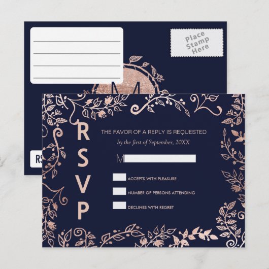 Elegante Navy Blue Roos Gold Floral RSVP Briefkaar Uitnodiging Briefkaart (Voorkant / Achterkant)