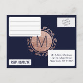 Elegante Navy Blue Roos Gold Floral RSVP Briefkaar Uitnodiging Briefkaart (Achterkant)