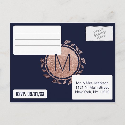 Elegante Navy Blue Roos Gold Floral RSVP Briefkaar Uitnodiging Briefkaart (Achterkant)