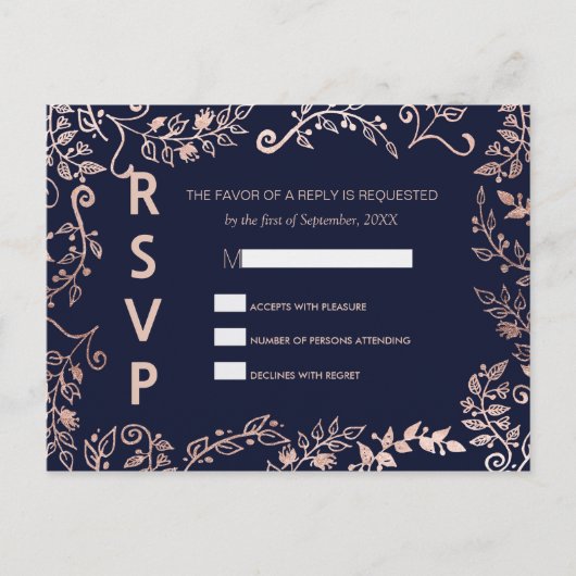 Elegante Navy Blue Roos Gold Floral RSVP Briefkaar Uitnodiging Briefkaart (Voorkant)