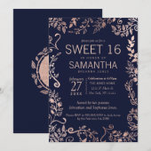 Elegante Navy Blue Roos Gold Floral Sweet 16 Uitno Kaart (Voorkant / Achterkant)
