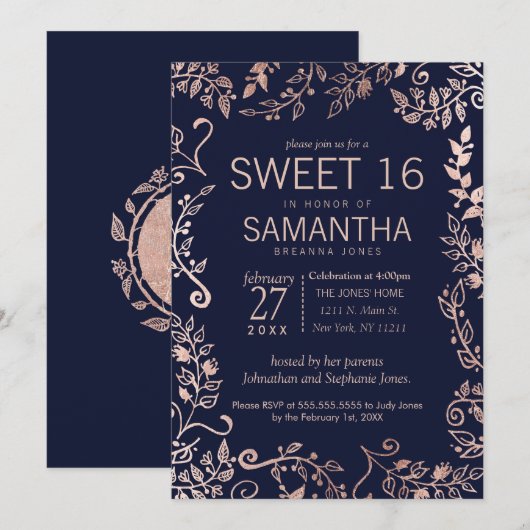 Elegante Navy Blue Roos Gold Floral Sweet 16 Uitno Kaart (Voorkant / Achterkant)