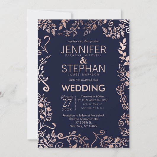 Elegante Navy Blue Roos Gold Floral Wedding Invite Kaart (Voorkant)