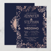 Elegante Navy Blue Roos Gold Floral Wedding Invite Kaart (Voorkant / Achterkant)