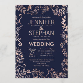 Elegante Navy Blue Roos Gold Floral Wedding Invite Kaart