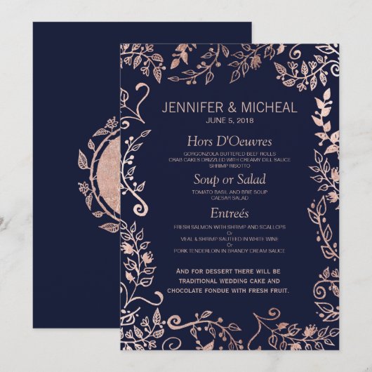 Elegante Navy Blue Roos Gold Floral Wedding Menu (Voorkant / Achterkant)