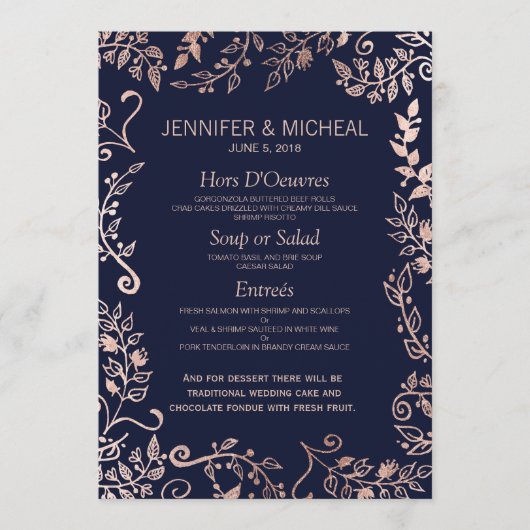 Elegante Navy Blue Roos Gold Floral Wedding Menu (Voorkant)