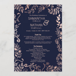 Elegante Navy Blue Roos Gold Floral Wedding Progra Programmakaart