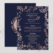 Elegante Navy Blue Roos Gold Floral Wedding Progra Programmakaart (Voorkant / Achterkant)