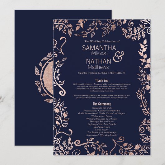 Elegante Navy Blue Roos Gold Floral Wedding Progra Programmakaart (Voorkant / Achterkant)