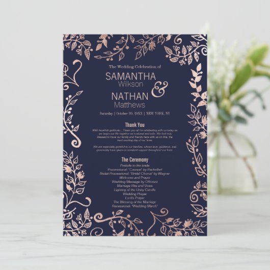 Elegante Navy Blue Roos Gold Floral Wedding Progra Programmakaart (Staand voorkant)
