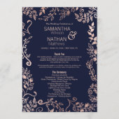 Elegante Navy Blue Roos Gold Floral Wedding Progra Programmakaart (Voorkant)