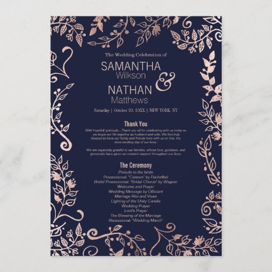 Elegante Navy Blue Roos Gold Floral Wedding Progra Programmakaart (Voorkant)